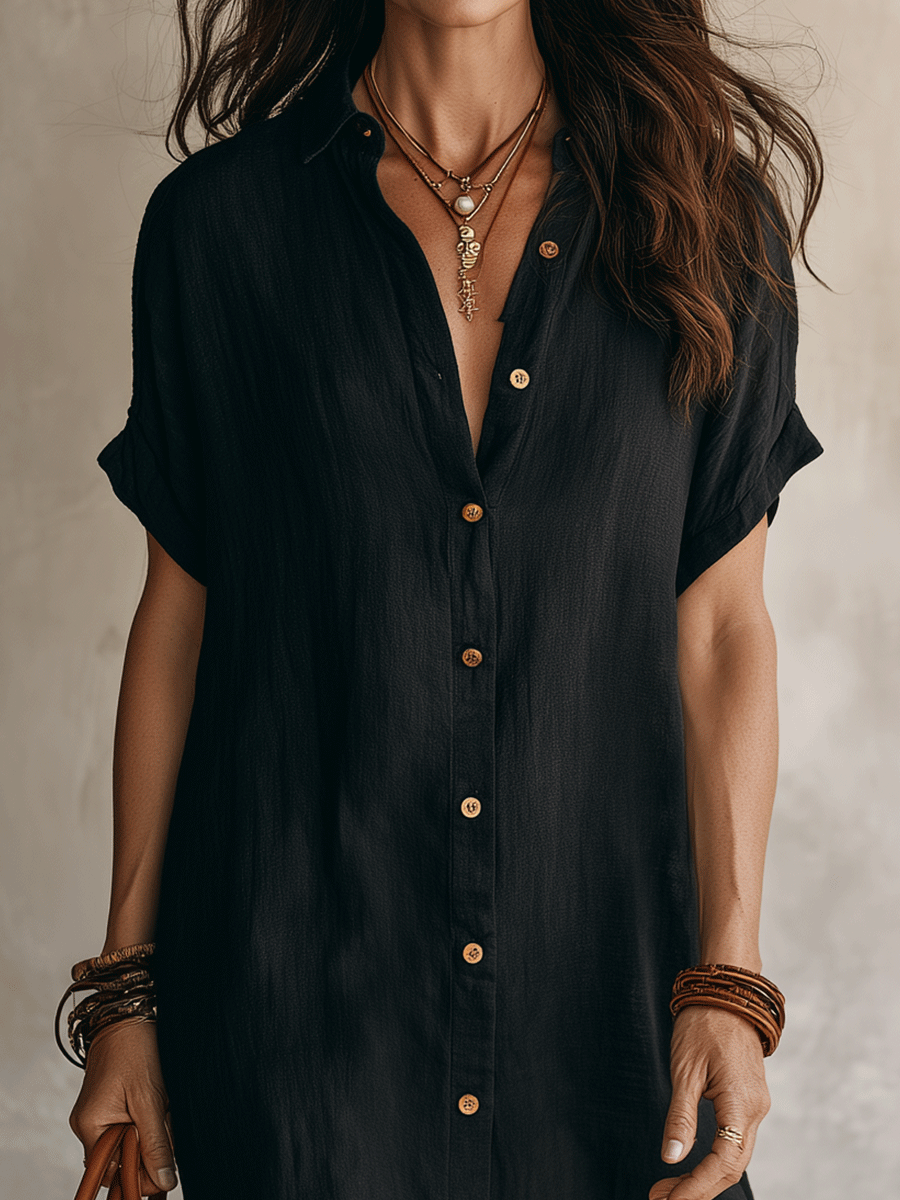 Modern effortless bohemian style black linen casual midi dress