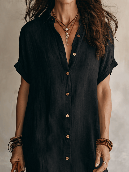 Modern effortless bohemian style black linen casual midi dress