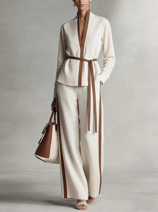 Women's Casual Cotton Linen Set: Loose High Neck Long Sleeve Top, Loose High Waist Wide Leg Pants