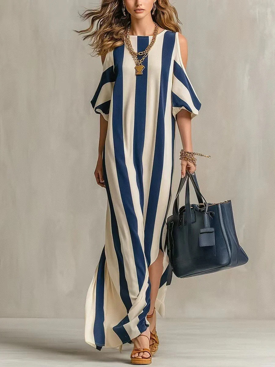 Robe longue ample fendue à rayures verticales et épaules dénudées