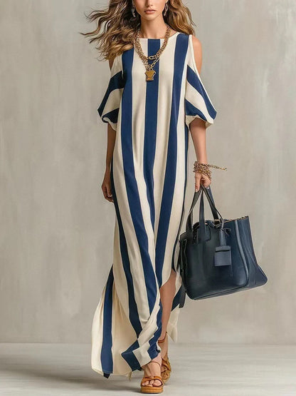 Robe longue ample fendue à rayures verticales et épaules dénudées