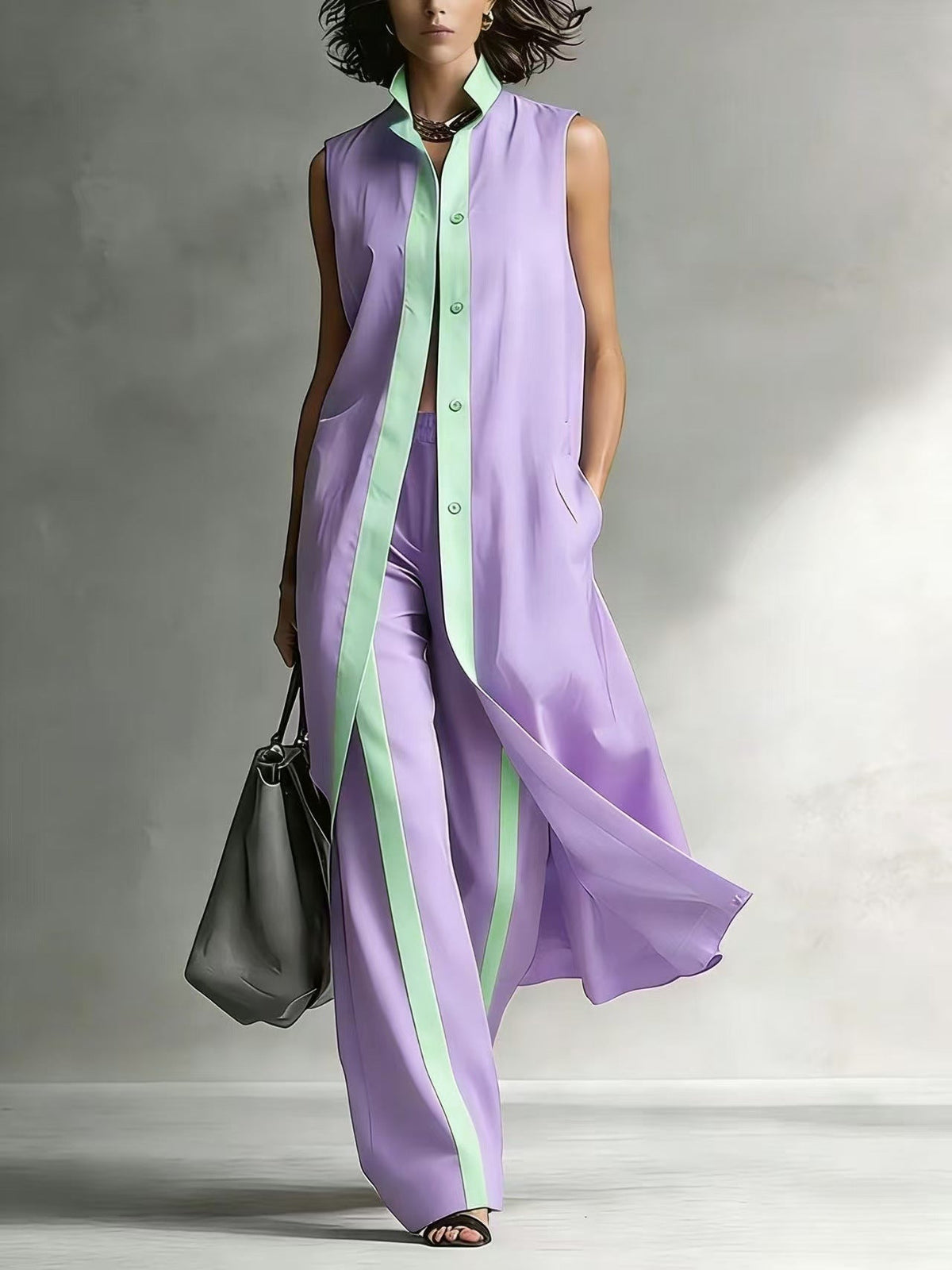 Ensemble Tunique sans Manches Contraste et Pantalon Large Jambe Sophistication Moderne, Style Ajusté Sans Effort