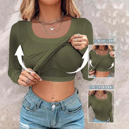 Haut à manches longues côtelé pour femme, col en U avec soutien-gorge intégré, coupe élégante et moulante, tissu extensible