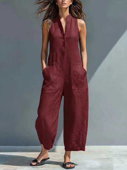 Combinaison sans manches ample boutonnée à col montant en mélange de lin minimaliste pour femme