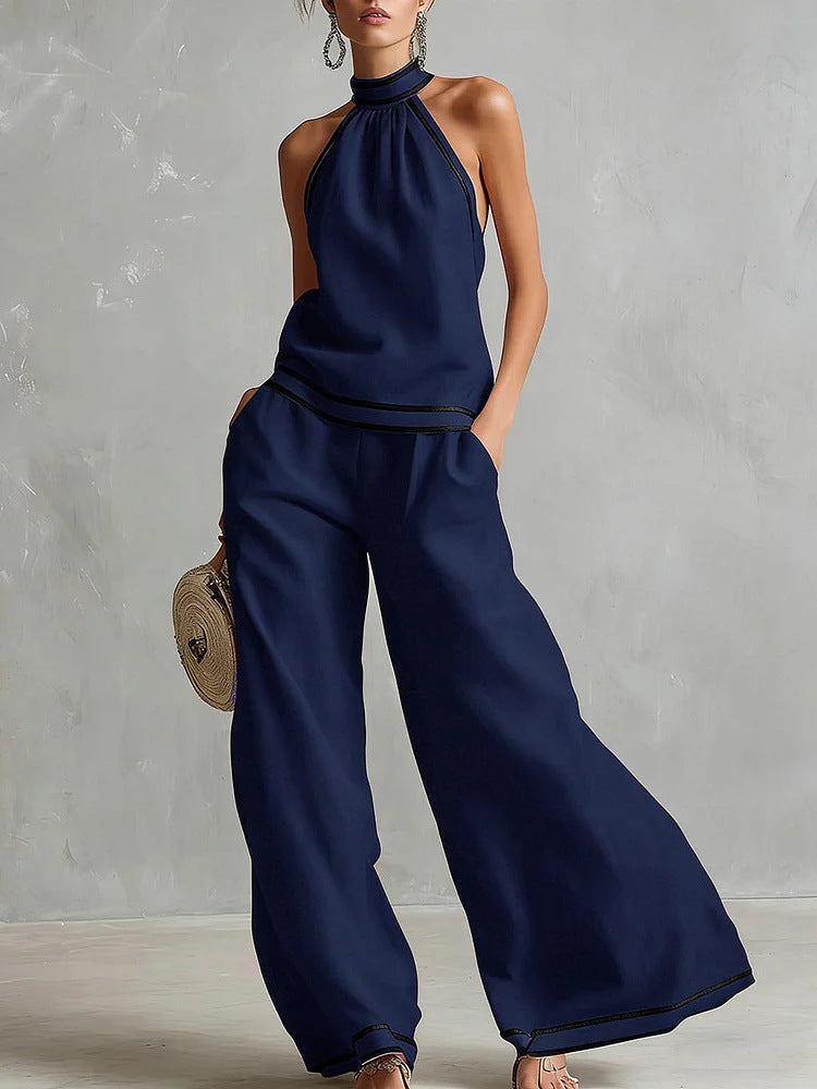 Combinaison Pantalon Large Sans Manches à Col Halter Pour Femme