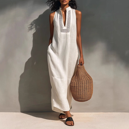 Robe longue minimaliste en lin à col licou | Sans manches, parfaite du bureau aux vacances