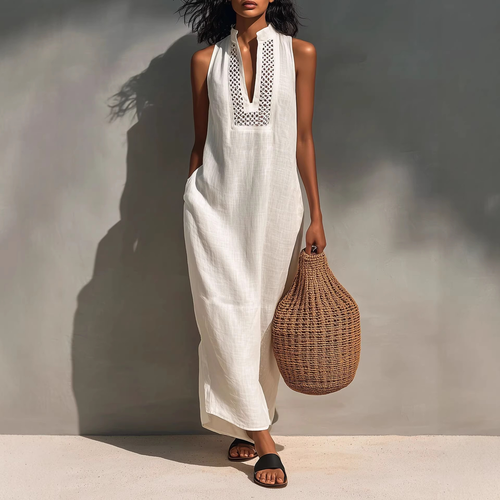 Robe longue minimaliste en lin à col licou | Sans manches, parfaite du bureau aux vacances