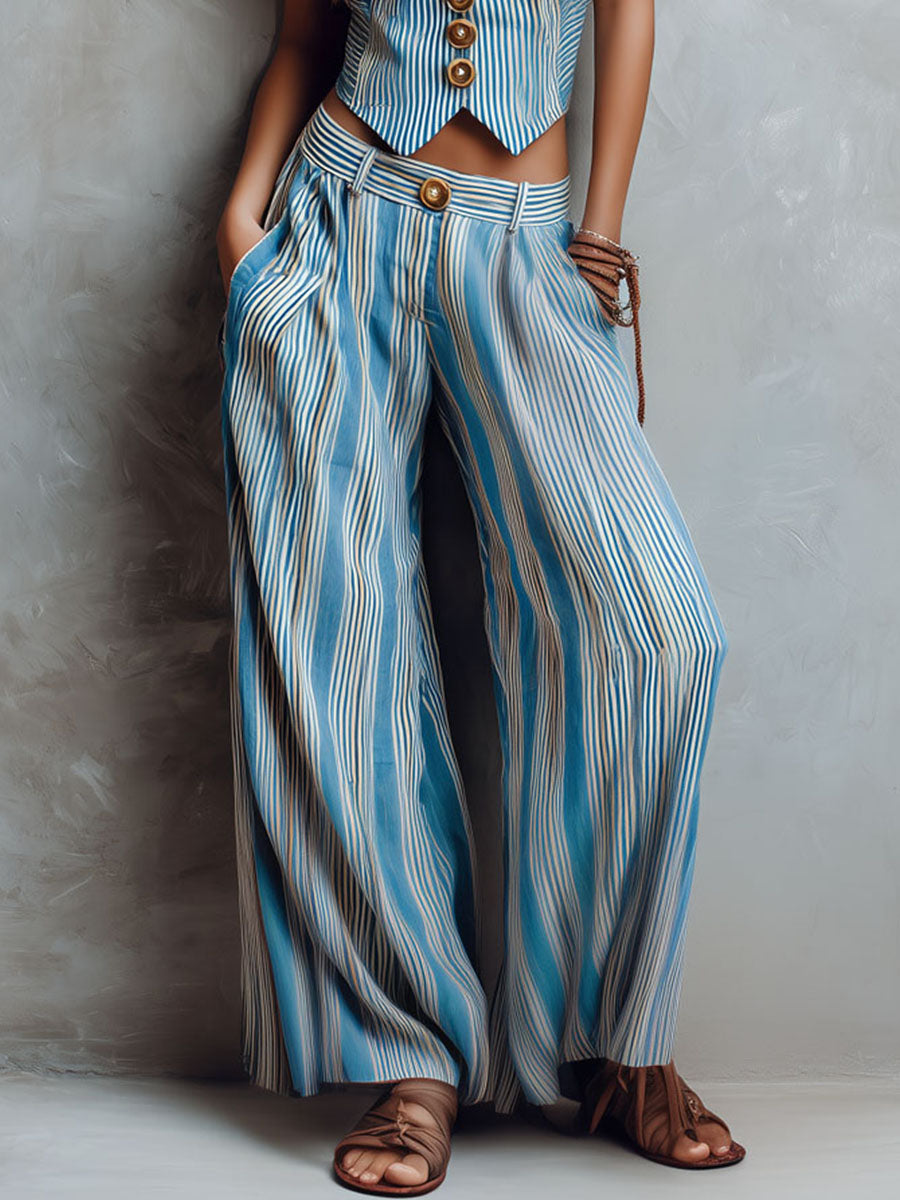 Ensemble gilet rayé bleu style bohème et pantalon à jambes larges