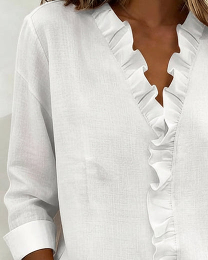 Blouse à manches longues, col V, à volants