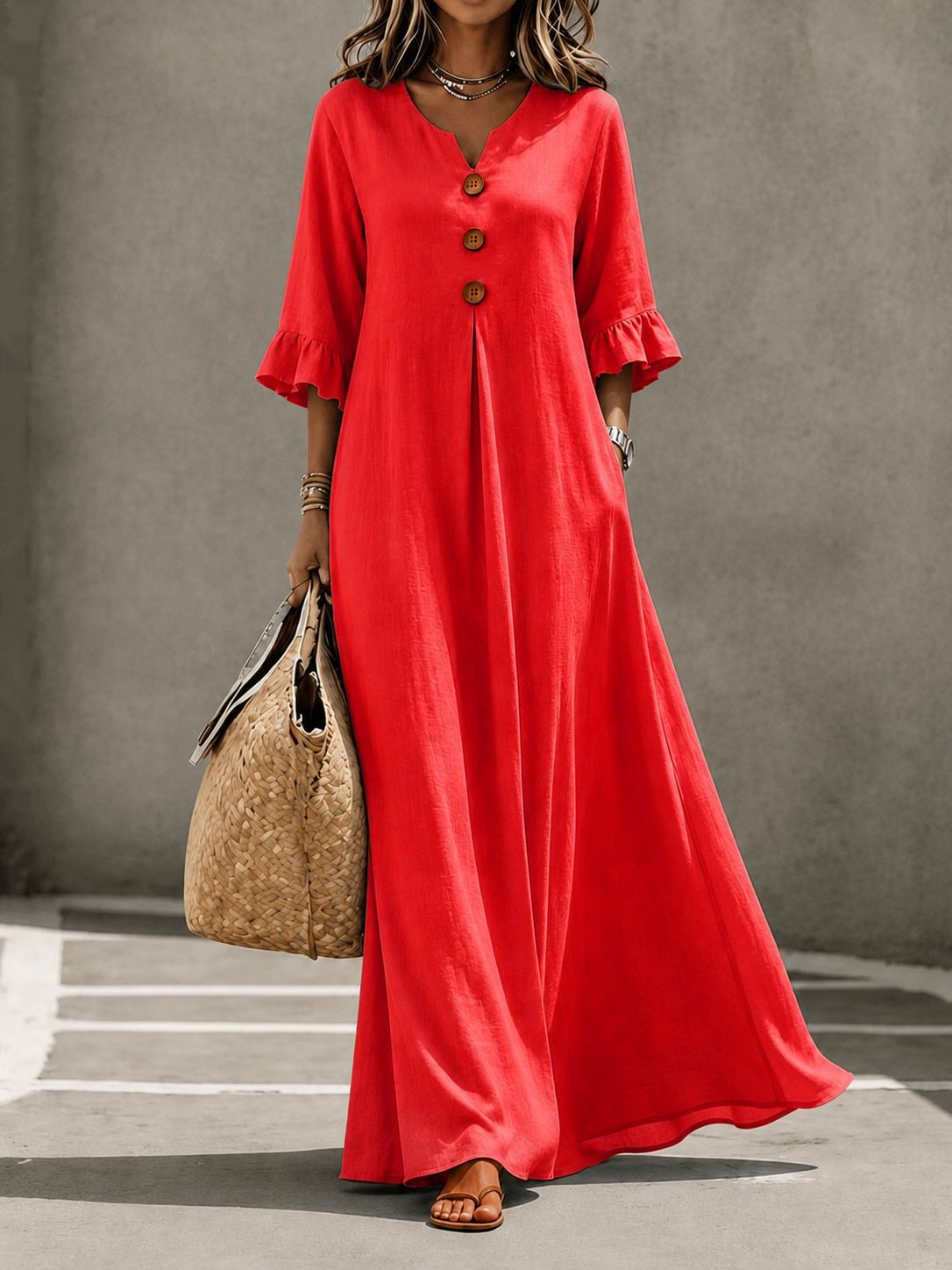 Robe longue en lin à col en V et manches volantées