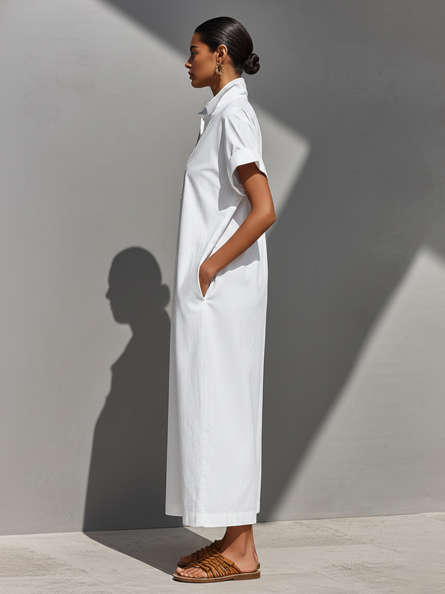 Robe Chemise Longue Blanche en Coton 100% pour Femme avec Col Semi-Zippé et Manches Retroussées, Robe Décontractée Intemporelle pour Tous les Jours