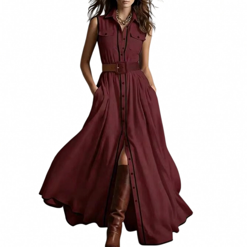 Robe chemise longue ceinturée à passepoils contrastés