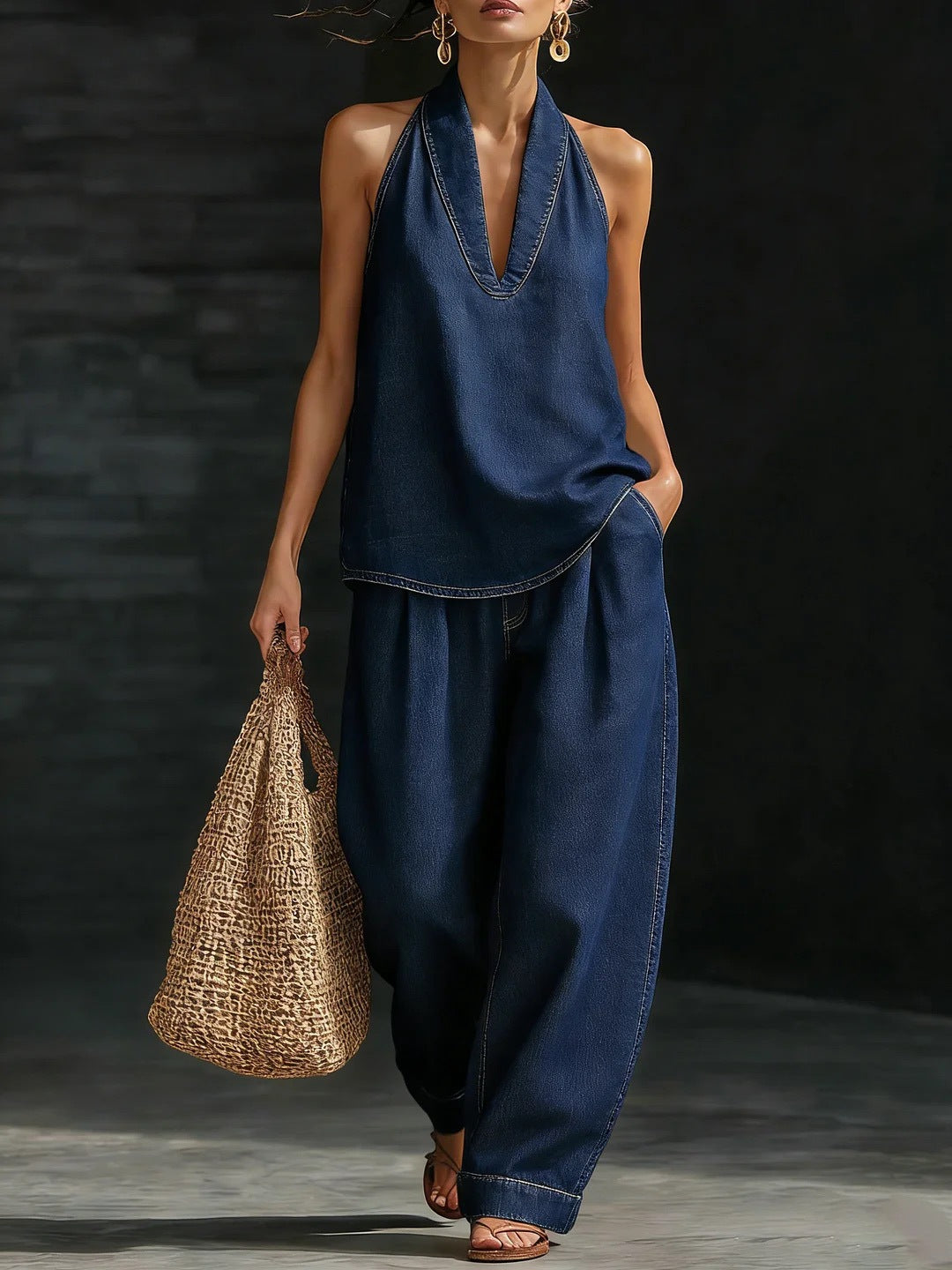 Ensemble stylé rétro urbain en jean : top sans manches et pantalon large