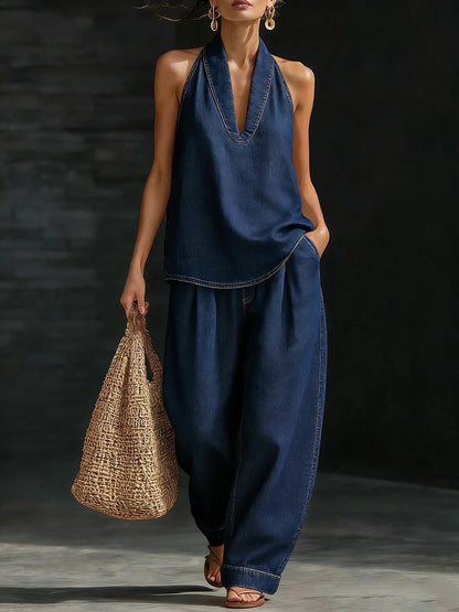 Ensemble stylé rétro urbain en jean : top sans manches et pantalon large