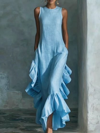 Longue robe maxi sans manches en lin à volants
