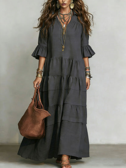 Robe décontractée à manches courtes en lin et coton, coupe ample