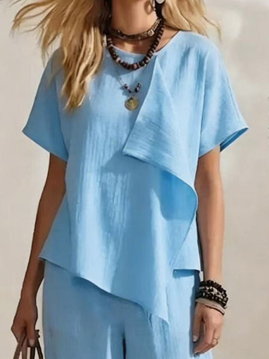 Ensemble deux pièces asymétrique en coton et lin à col rond + pantalon large à fentes latérales