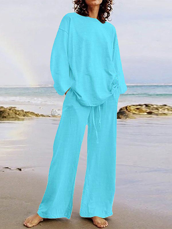 Ensemble deux pièces : haut chemise ample à manches longues et col rond de couleur unie + pantalon taille avec cordon de serrage