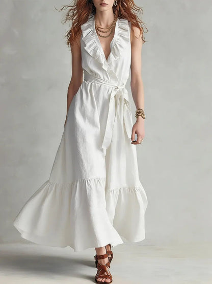 🌿 Robe longue portefeuille à volants et col en V