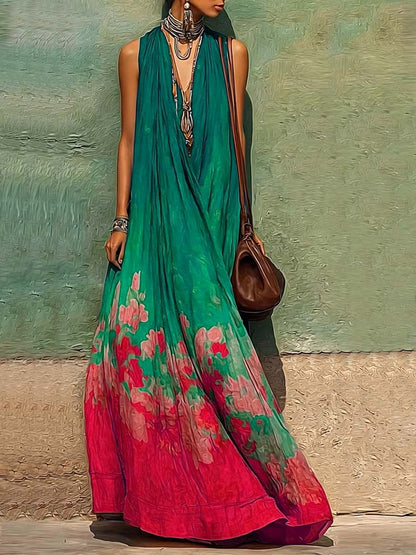 Robe décontractée ample en coton et lin pour femme — Col en V sans manches avec imprimé placé