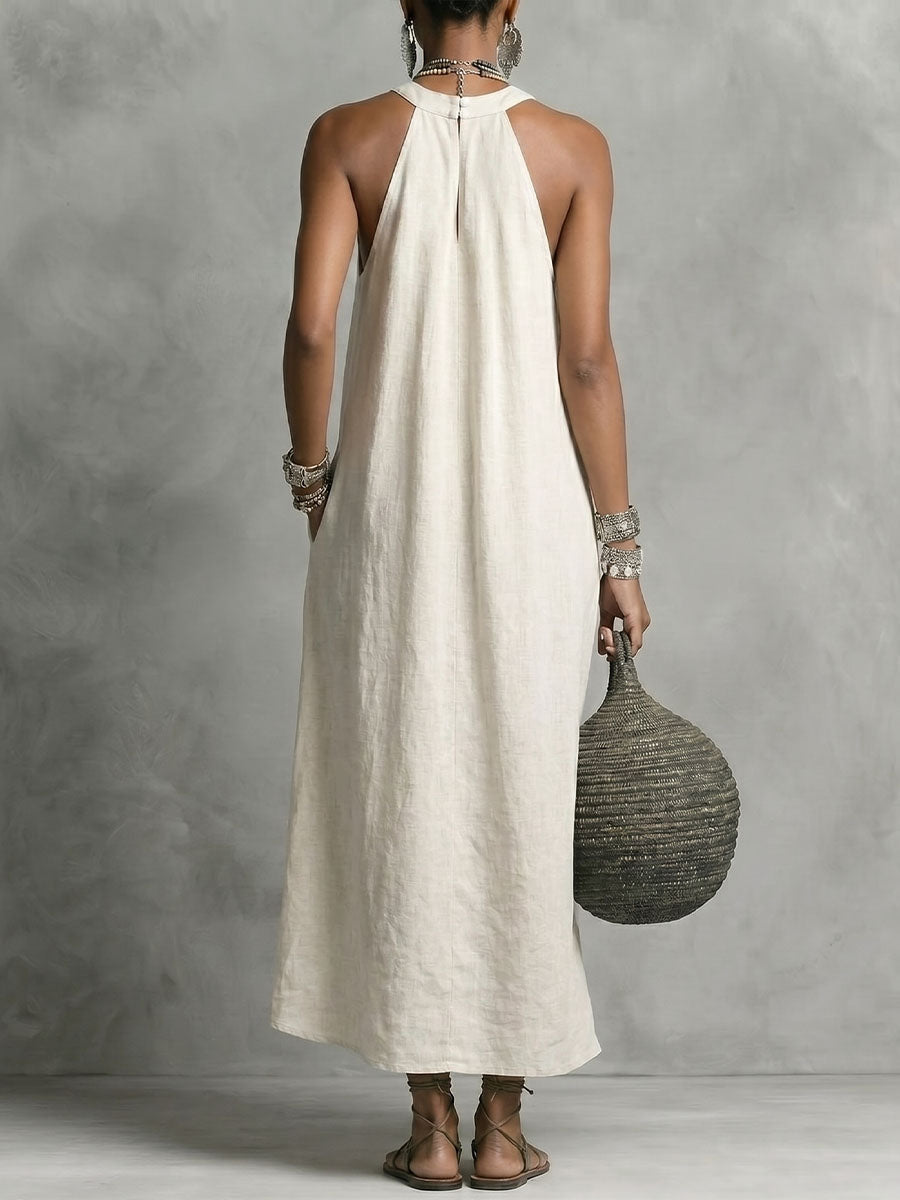 Robe sans manches en coton-lin pour femme avec encolure ronde et dos nu
