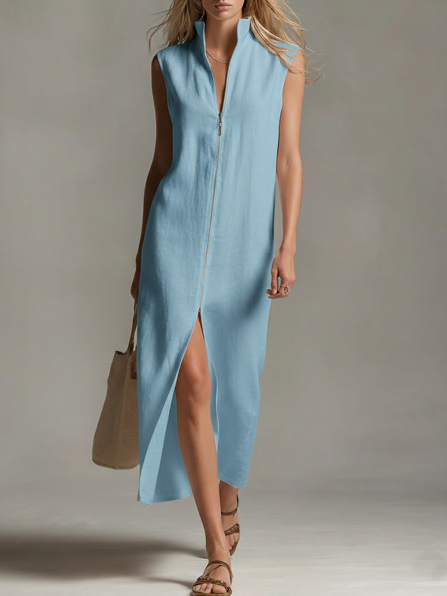 Robe ample décontractée sans manches en lin de couleur unie à col montant pour femme