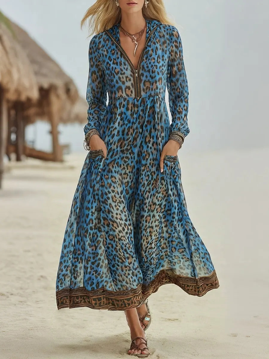 Robe midi à capuche pour femme style rétro décontracté imprimé léopard