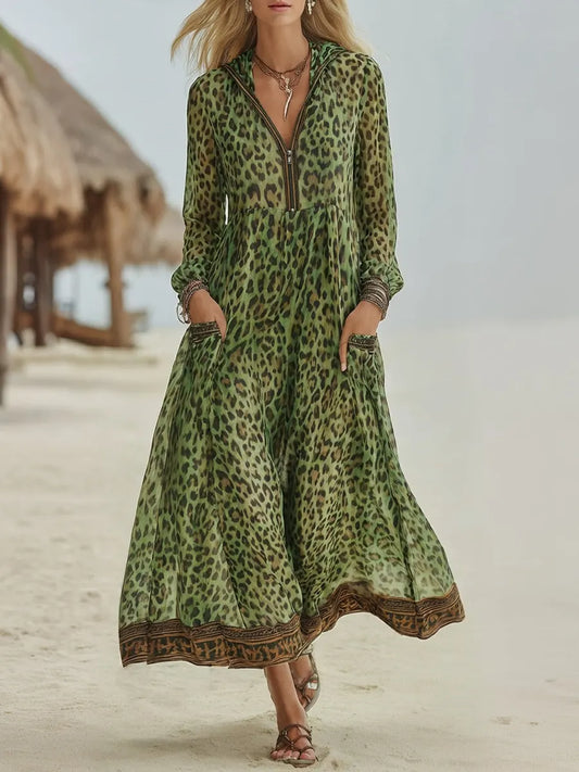 Robe midi à capuche pour femme style rétro décontracté imprimé léopard