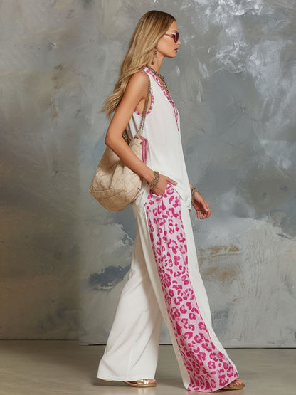Women's Leopard Print Chiffon V-Neck Sleeveless Top and Pants Set