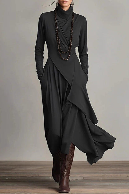 Robe longue décontractée unie à col montant, manches longues et ourlet asymétrique