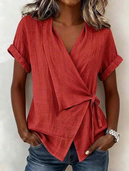 Blouse à manches courtes et col en V en lin mélangé avec ceinture à nouer à la taille