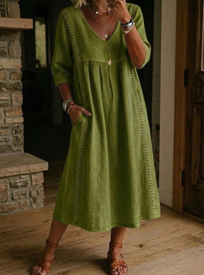 Elegant V-Neck Linen Blend Midi Dress with Lace Inserts and Pockets | Women's Casual Summer Dress