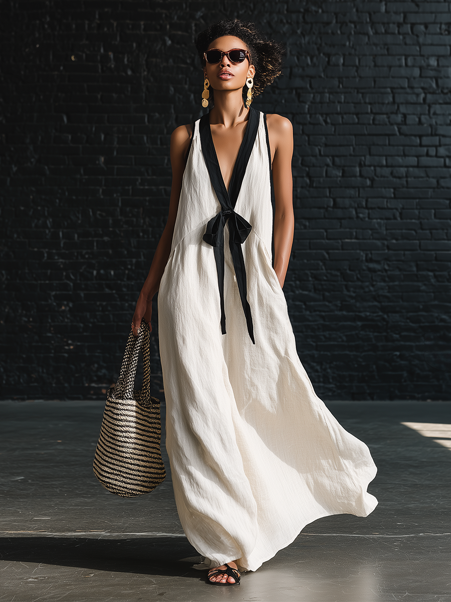 Robe longue sans manches col en V à imprimé bohème noir et blanc