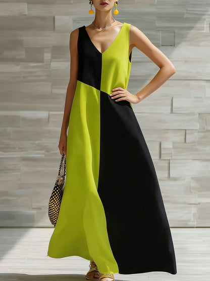 Robe longue sans manches color block