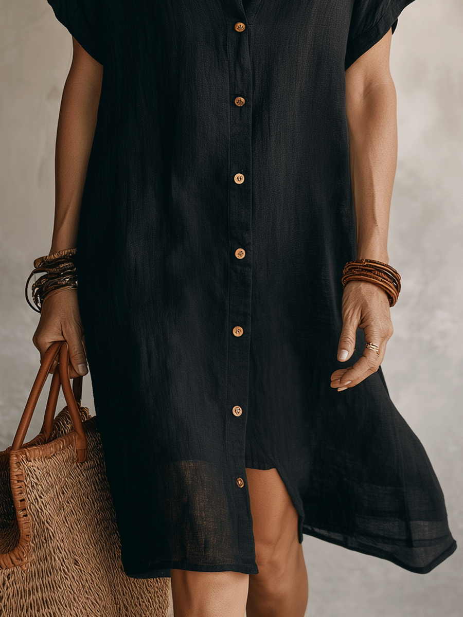 Modern effortless bohemian style black linen casual midi dress