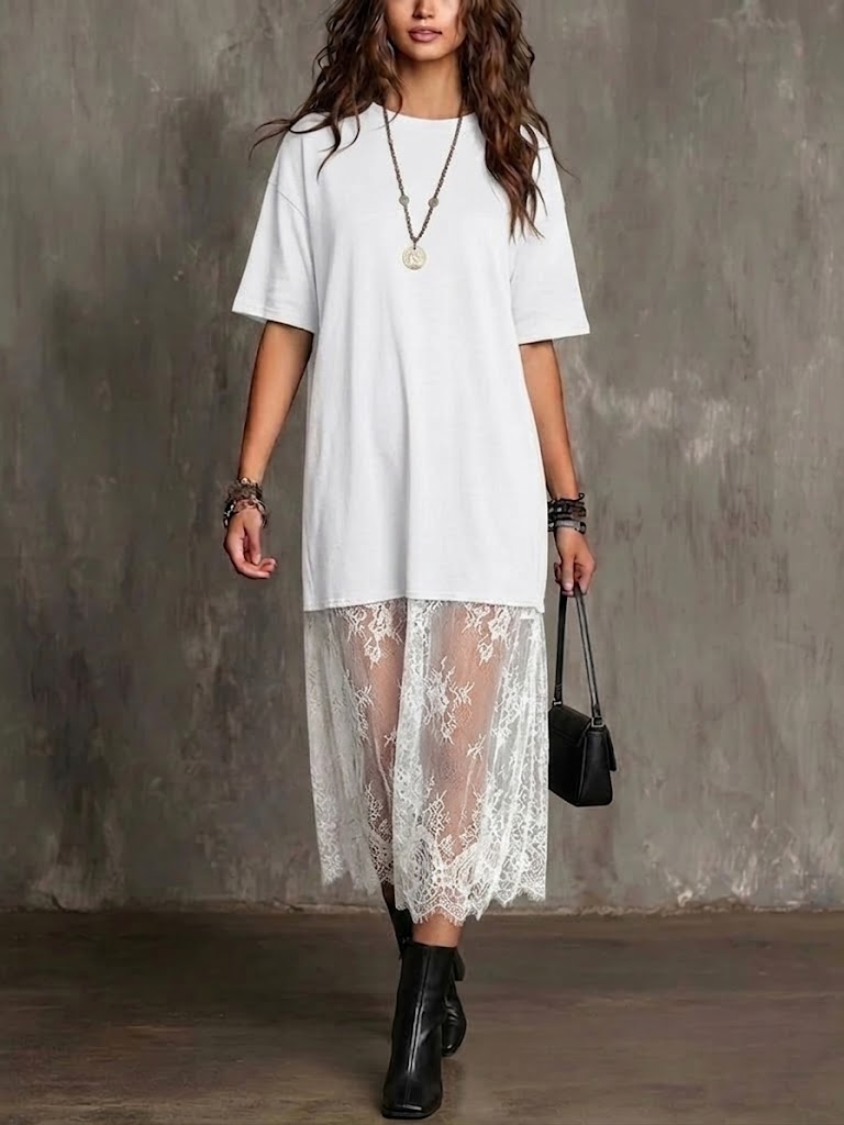 Robe Femme Ample en Dentelle Patchwork