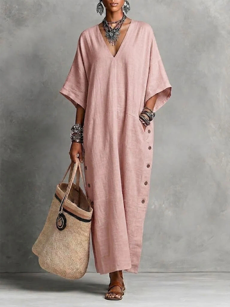 Robe Tunique Longue en Lin Naturel avec Col en V, Manches Chauve-souris et Fente Boutonnée sur le Côté