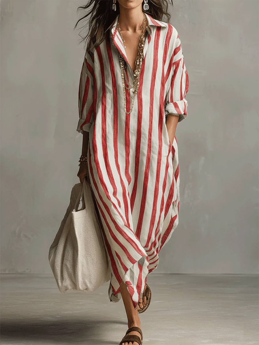Robe rayée en lin et coton décontractée et confortable