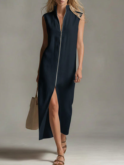 Robe ample décontractée sans manches en lin de couleur unie à col montant pour femme