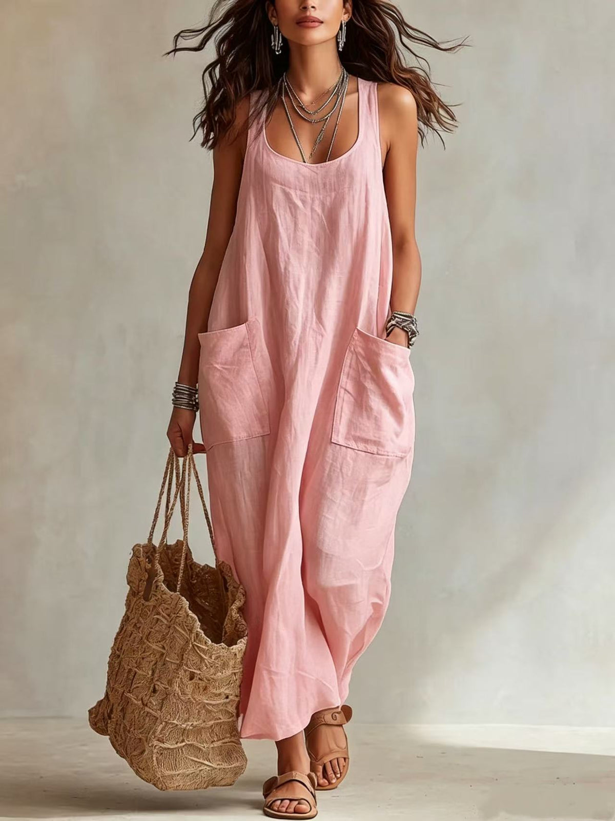 Robe longue maxi décontractée et fluide, sans manches, col en U, avec poches