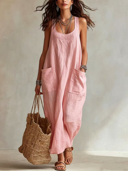 Robe longue maxi décontractée et fluide, sans manches, col en U, avec poches