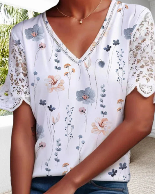 Printed blouse with lace patches