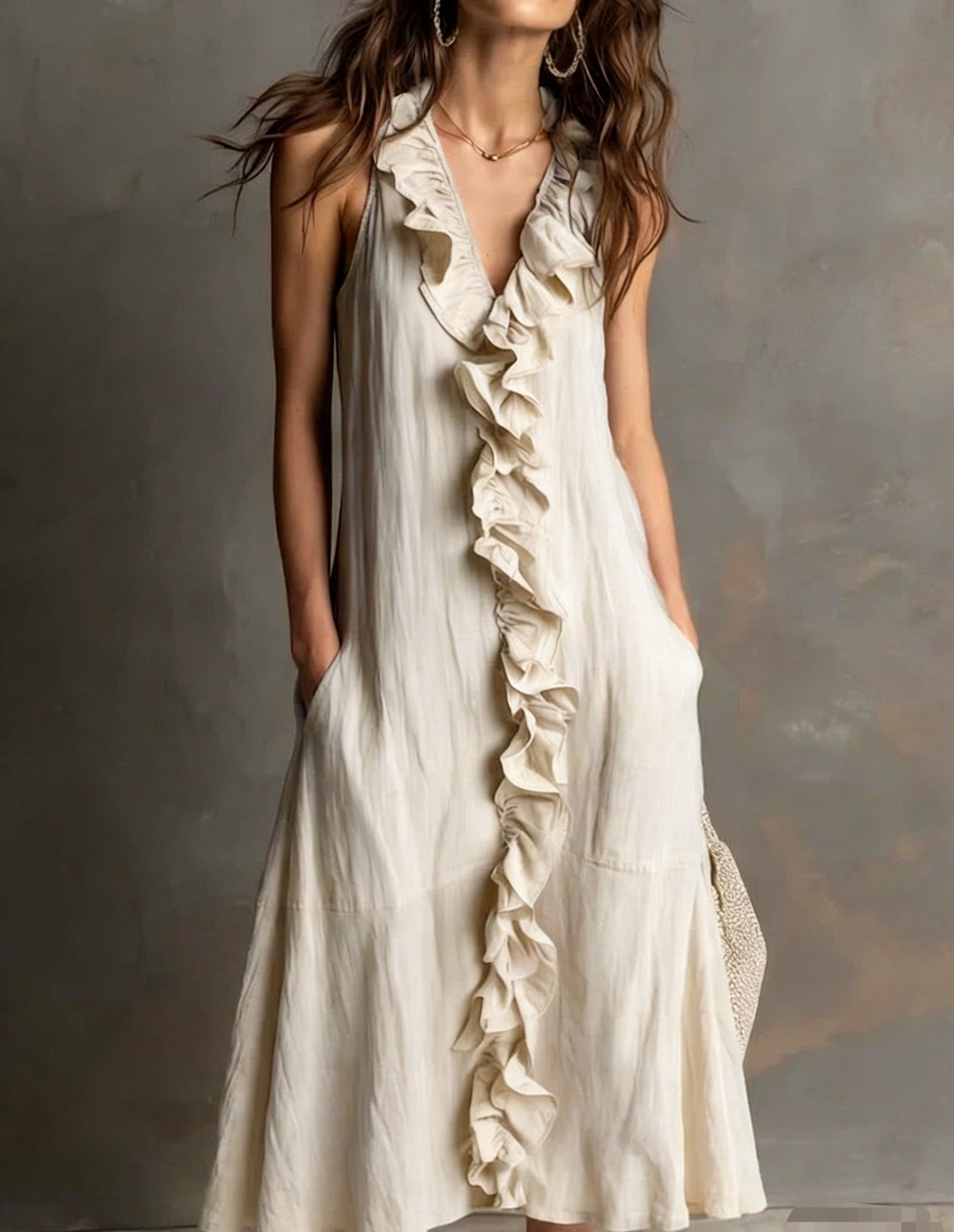 🌿 Robe midi sans manches à col en V volanté