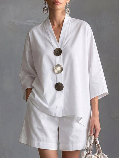 Ensemble décontracté pour femme, haut ample en coton et lin à manches 3/4 et col en V, et short taille haute à jambes larges