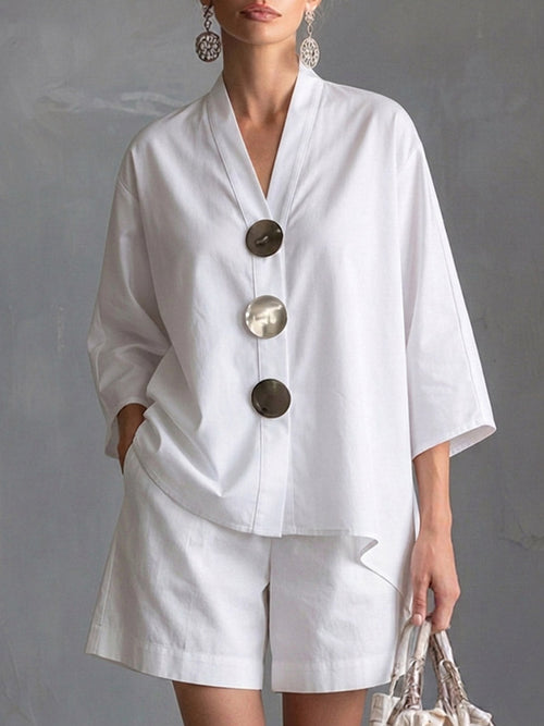 Ensemble décontracté pour femme, haut ample en coton et lin à manches 3/4 et col en V, et short taille haute à jambes larges
