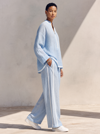 Ensemble ample femme en lin bleu clair avec haut col montant mi-zippé et pantalon large