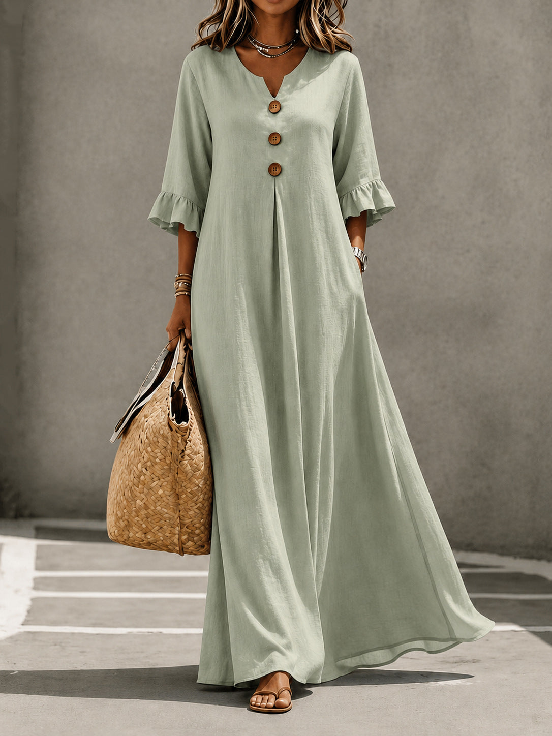 Robe longue en lin à col en V et manches volantées