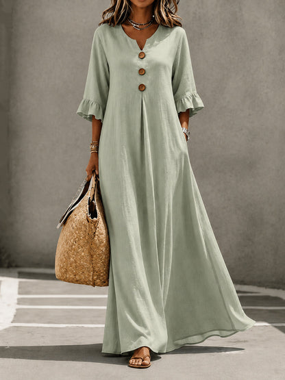 Robe longue en lin à col en V et manches volantées