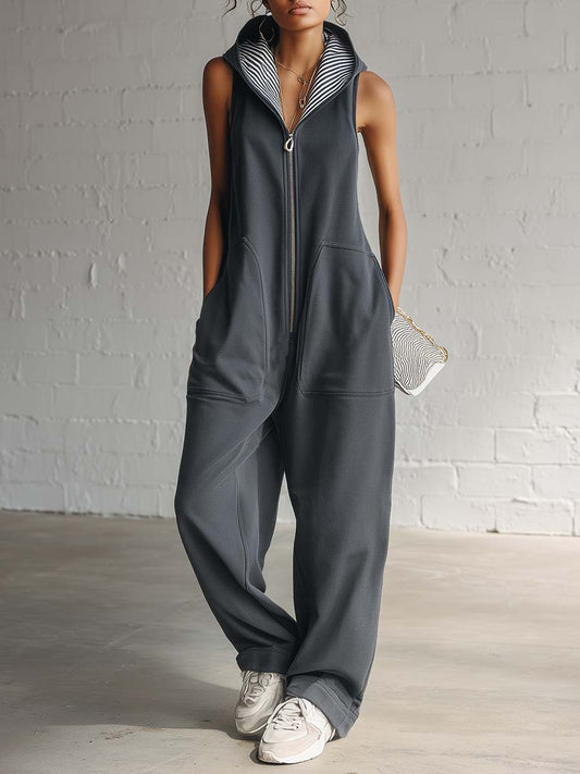 Combinaison salopette sans manches vintage en coton gris foncé avec capuche et fermeture éclair sur le devant, style nautique sportif
