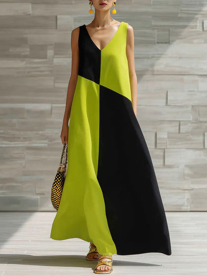 Robe longue sans manches color block